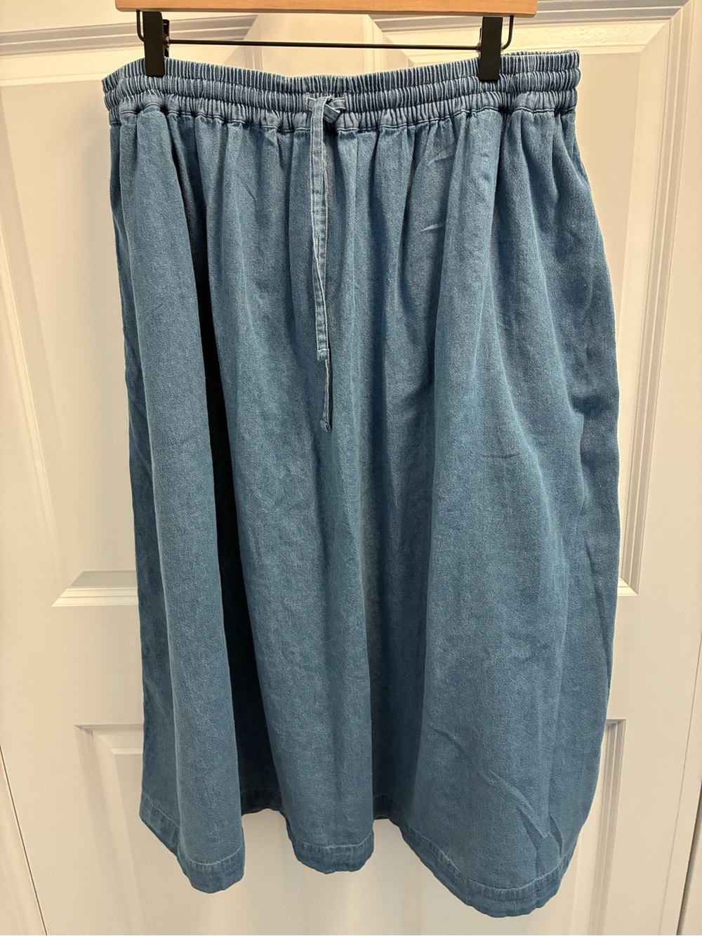 Lucy & Yak Light Blue Denim Midi Skirt with Elastic Waist